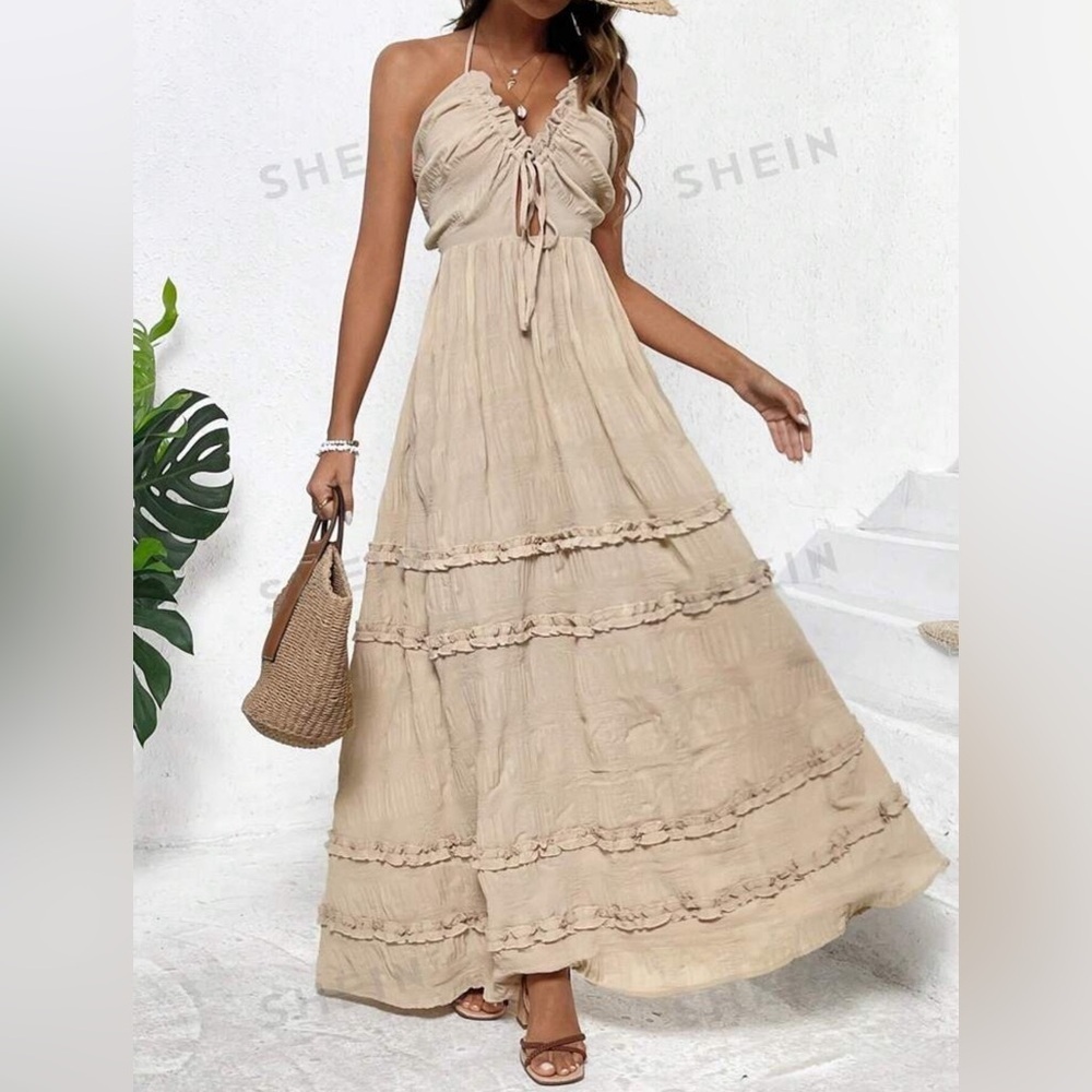 SHEIN Beige Ruffle Halter Maxi Dress